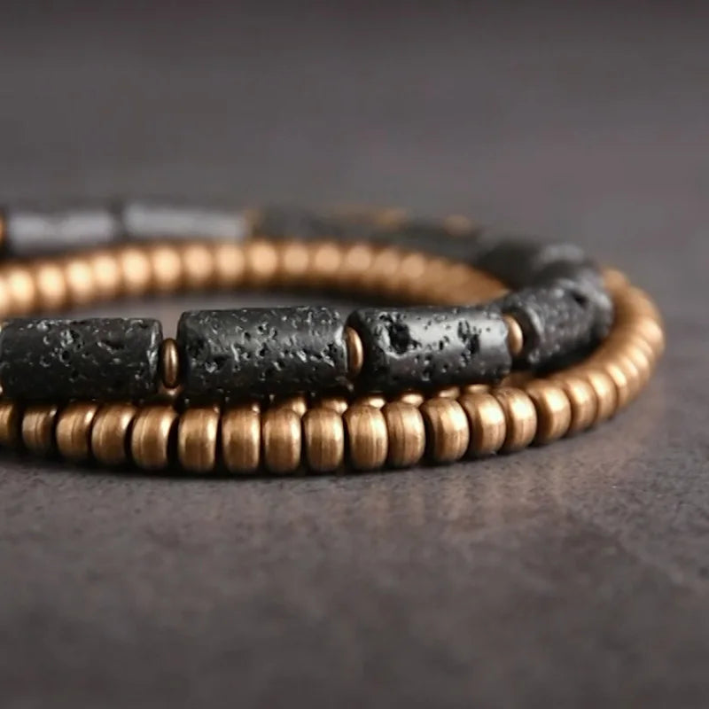 BESPOKE MULTI LAYERED BRASS AND LAVA STONE BRACELET