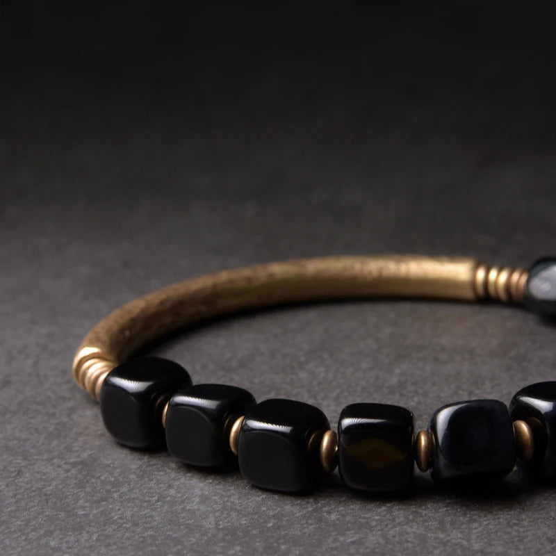 BESPOKE BLACK OBSIDIAN AND SOLID BRASS BRACELET