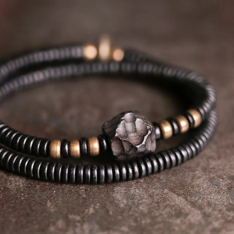 BESPOKE LAYERED CARVED EBONY BEAD AND SOLID COPPER BEAD BRACELET
